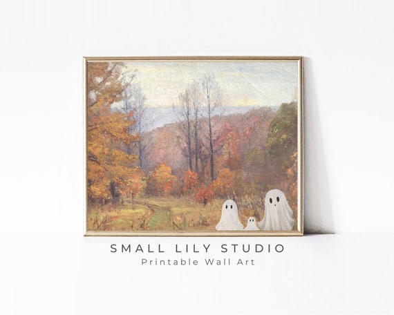 Halloween Ghost Family In Vintage Landscape Print Fall Halloween Print Fun Cute Ghosts Wall Art Spooky P046