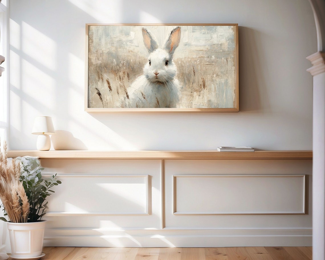 White Bunny Rabbit Portrait Vintage Rustic Farmhouse Animal Wall Art - Image 2