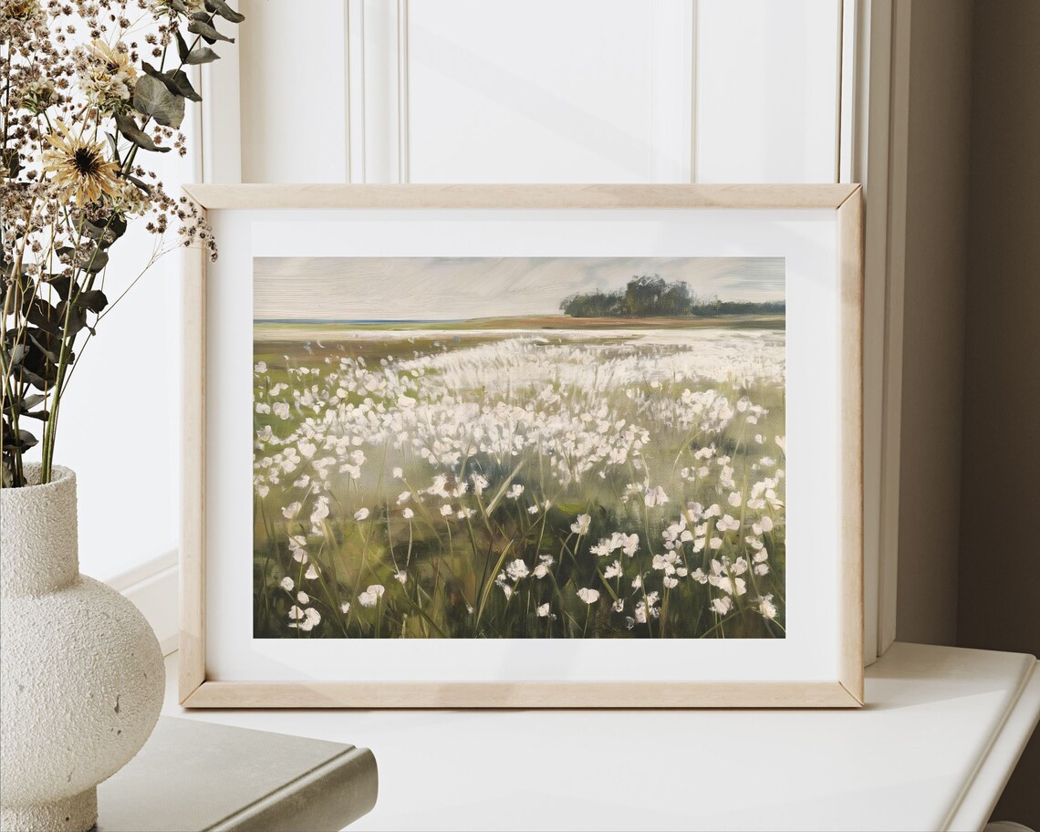 White Wildflower Field Summer Meadow Vintage Floral Landscape Painting Poster - Image 2