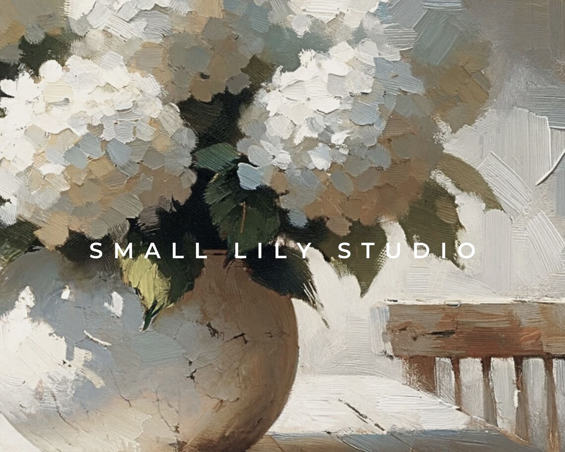White Hydrangeas In Ceramic Vase Neutral Farmhouse Floral Still Life Poster - Image 4