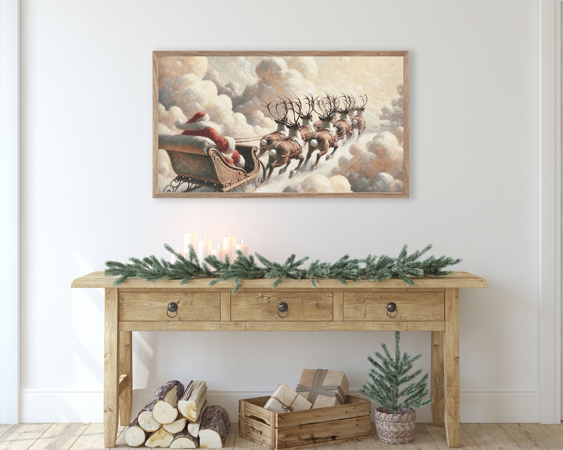 Santa And Reindeer Flying Sleigh Christmas Poster - Image 3