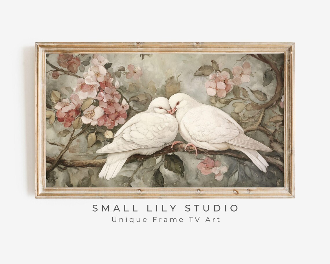 Two White Doves Nuzzling on Blossom Branch Romantic Floral Bird Poster