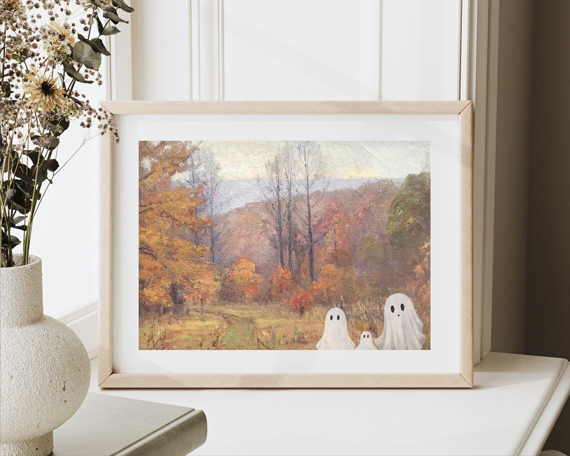 Ghost Family Autumn Forest Landscape Vintage Cute Halloween Poster - Image 2