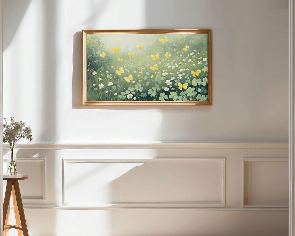 Yellow Butterflies Over Green Clover Meadow Spring Painting Poster - Image 2