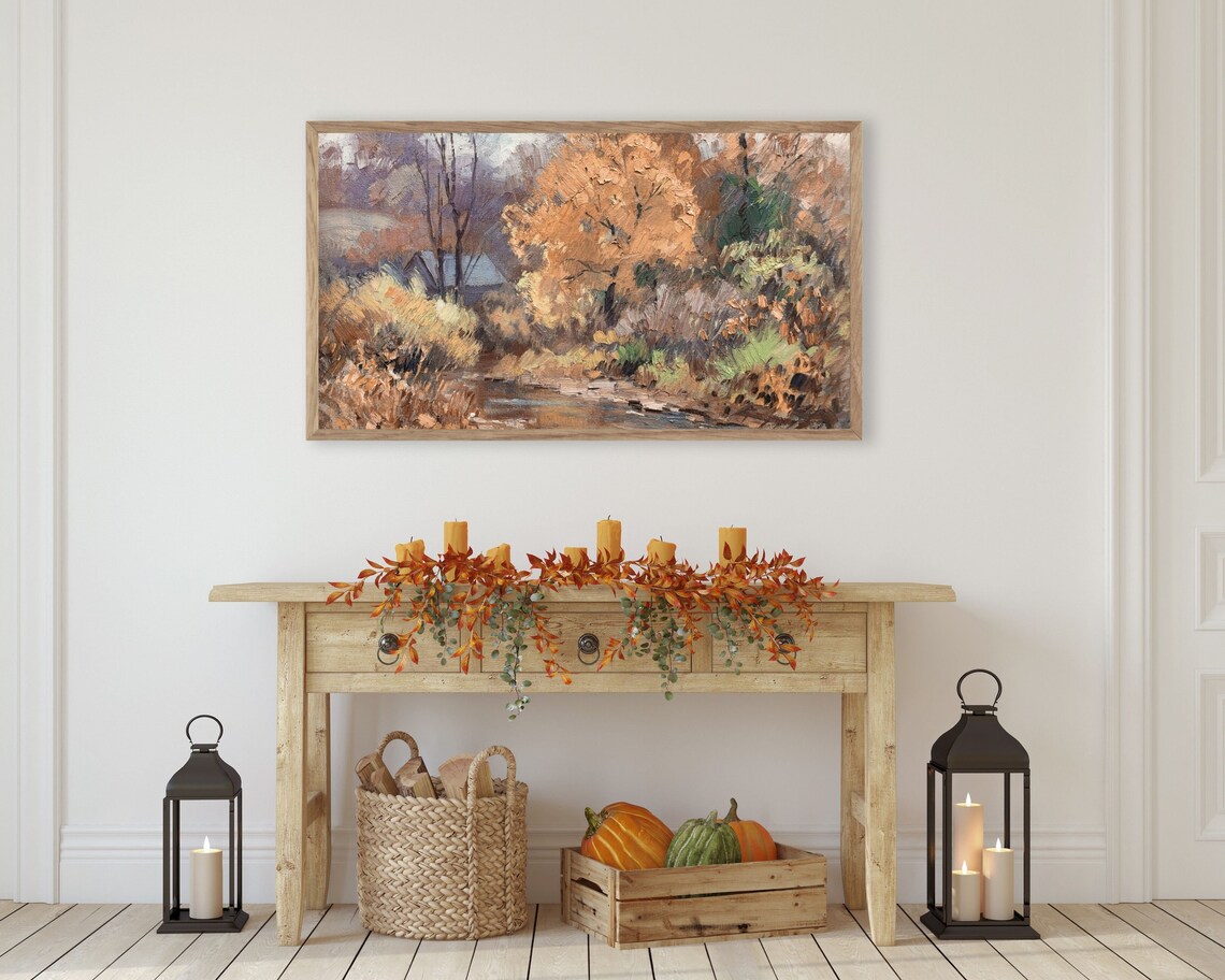 Golden Autumn Trees Along Woodland Stream Vintage Oil Painting Poster - Image 3