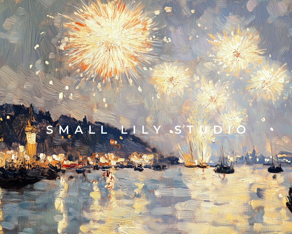 New Years Eve Fireworks Over Crowded Harbor Night Scene Painting Poster - Image 4