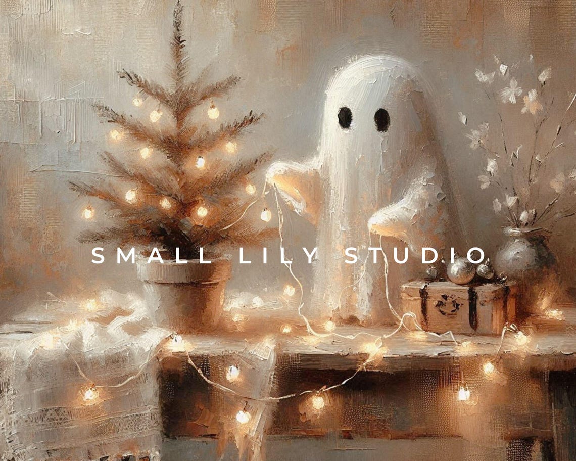 Cute Ghost Decorating Christmas Tree With Fairy Lights Cozy Poster - Image 4