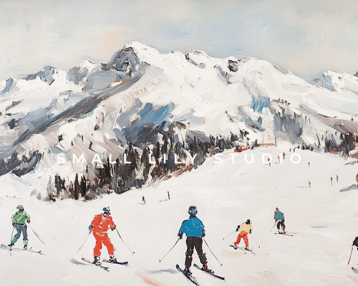 Skiers Racing Down Snowy Mountain Slope Vintage Winter Sports Scene Poster - Image 4