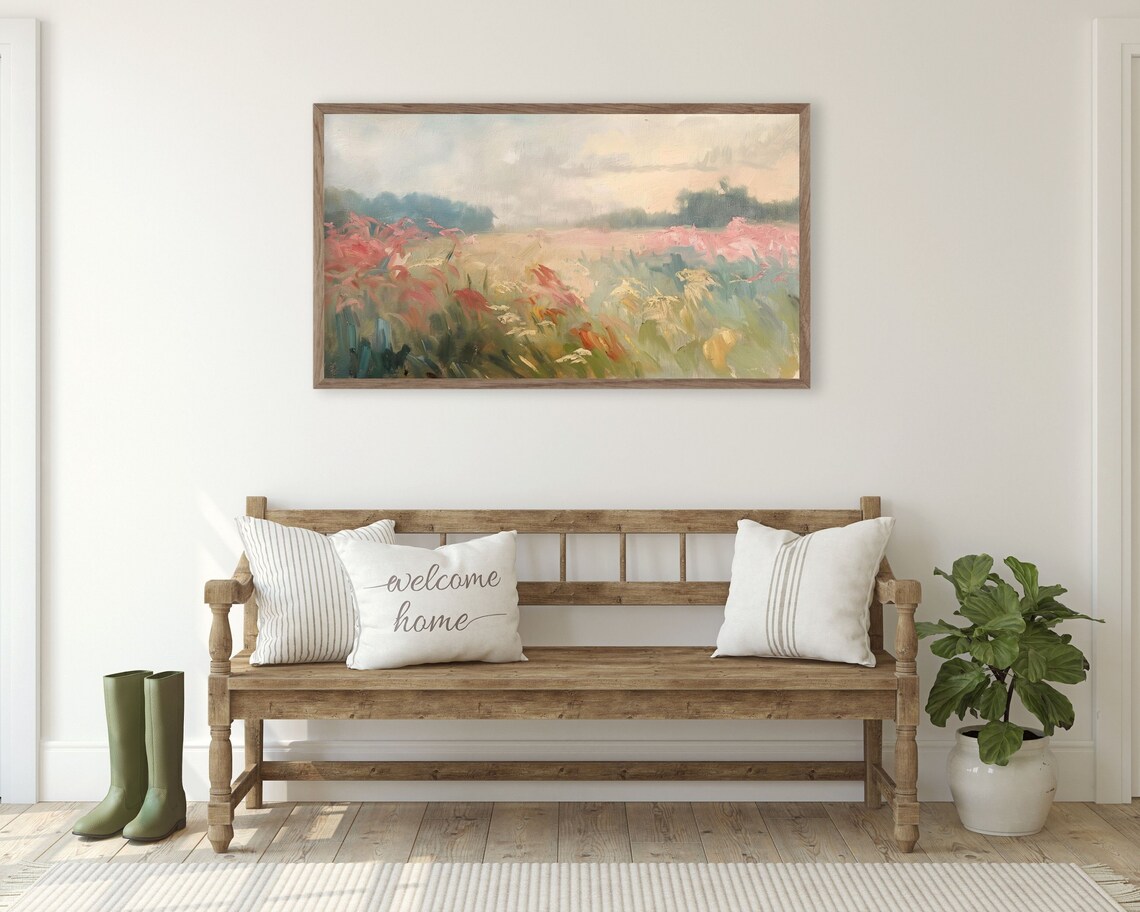 Pink Wildflower Meadow Misty Morning Vintage Landscape Art Poster - Image 2