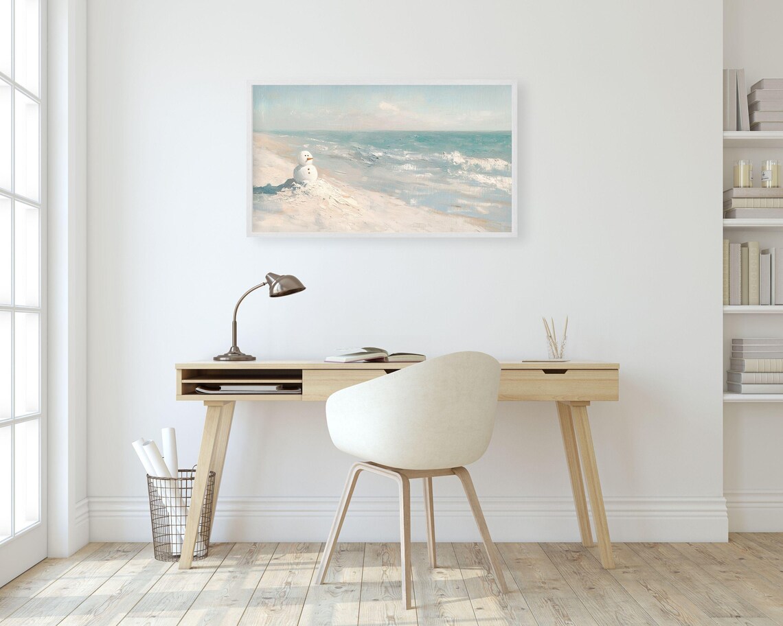 Snowman On Beach Coastal Christmas Art Print - Image 2