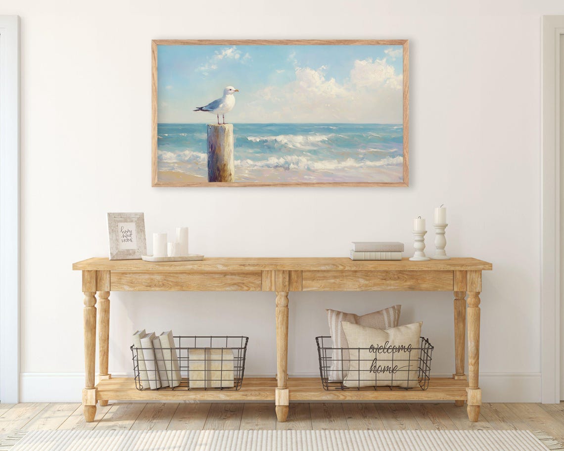 Seagull On Wooden Post Over Blue Ocean Waves Coastal Bird Poster - Image 3