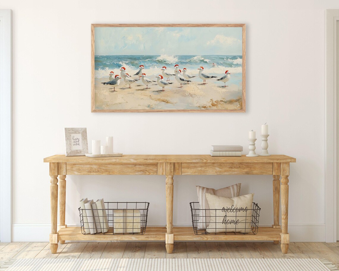Seagulls in Santa Hats on Beach, Coastal Christmas Art Print - Image 3