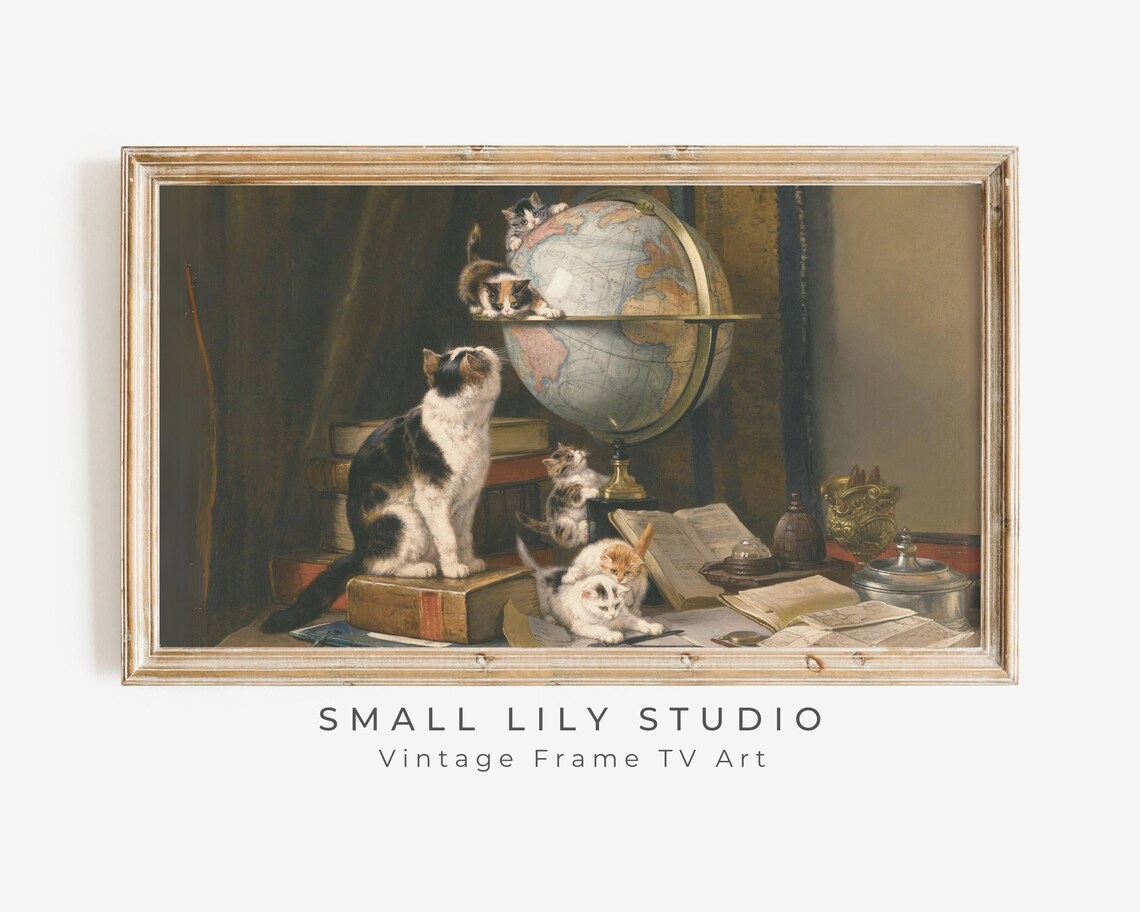 Cats Kittens Globe Vintage Painting Cat Lover Antique Art Poster
