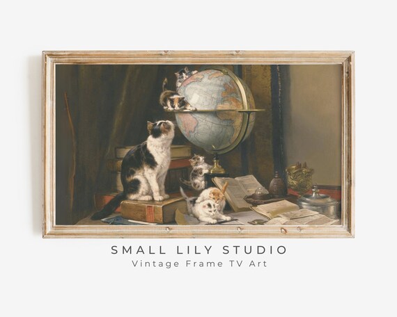 Cats Kittens Globe Vintage Painting Cat Lover Antique Art Poster