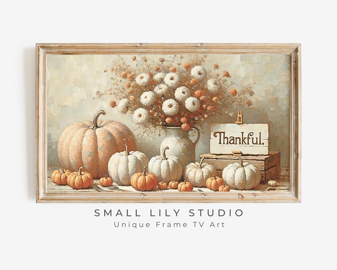 Thankful Sign With White Pumpkins And Flowers Thanksgiving Poster