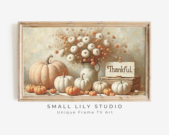 Thankful Sign With White Pumpkins And Flowers Thanksgiving Poster
