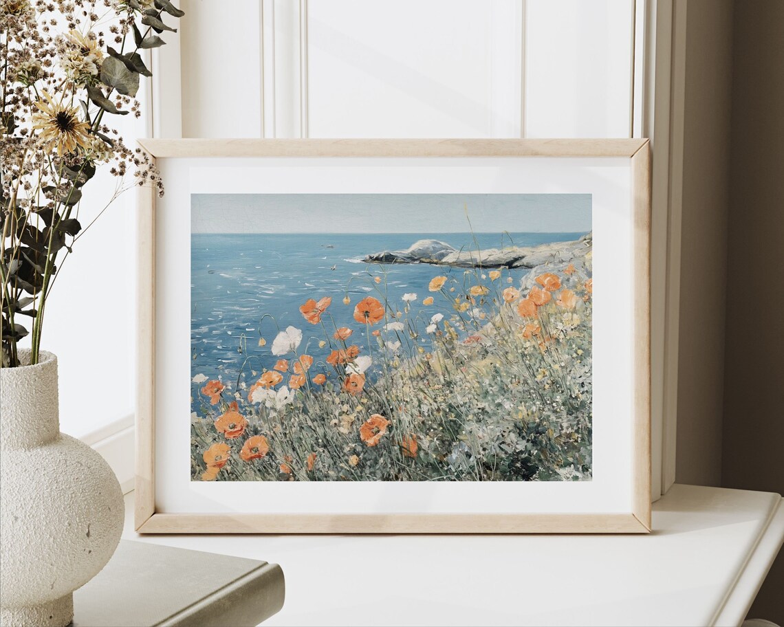 Orange Poppies By The Sea Coastal Cliff Vintage Summer Floral Painting Poster - Image 2