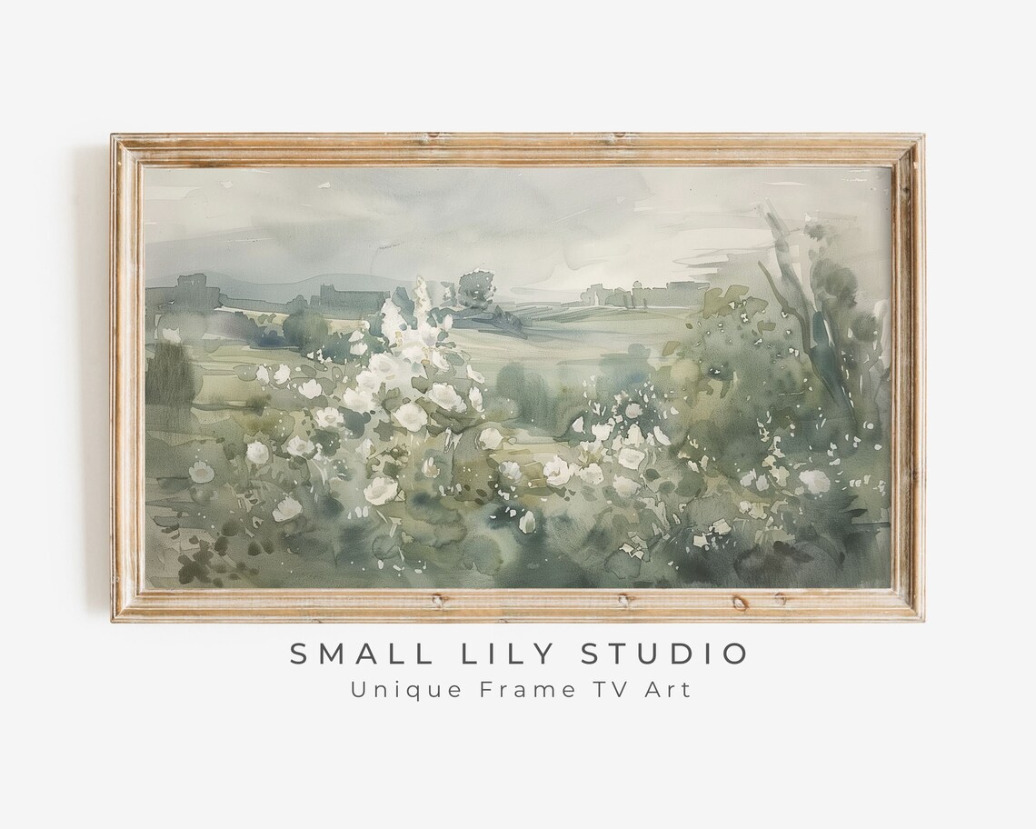 White Wildflowers Misty Field Abstract Green Floral Watercolor Painting Poster