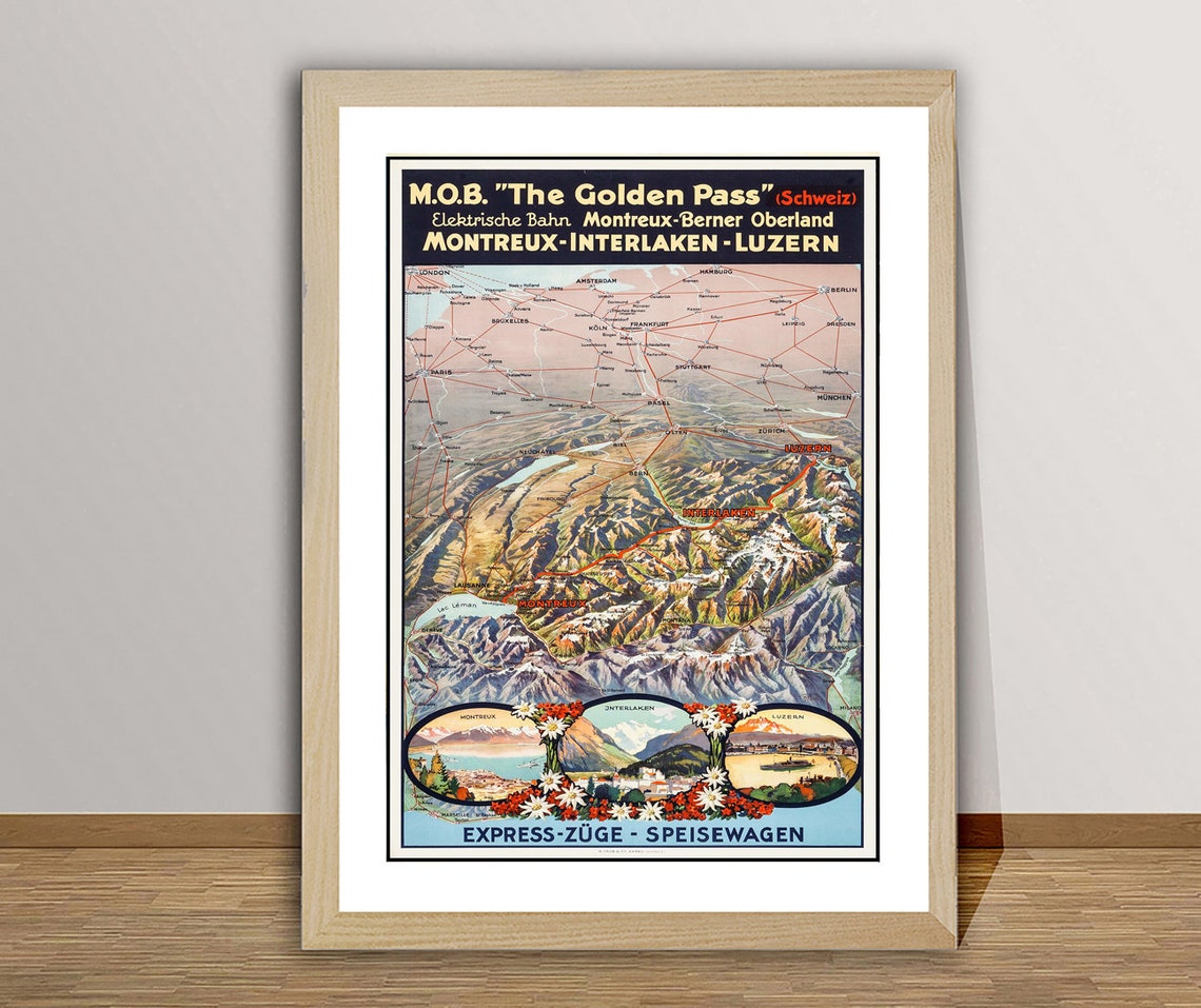 Golden Pass Switzerland Railway Vintage Route Map Travel Poster