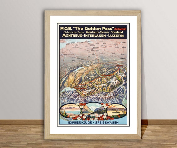 The Golden Pass Elektrische Bahn Montreux Oberland Schweiz Vintage Travel Poster Retro Golden Pass Poster Gift Idea Wall Decor