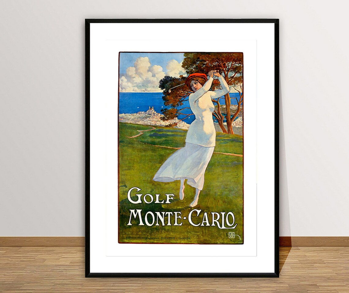 Golf Monte Carlo Woman Swinging Club Sea View Vintage Sport Poster - Image 2