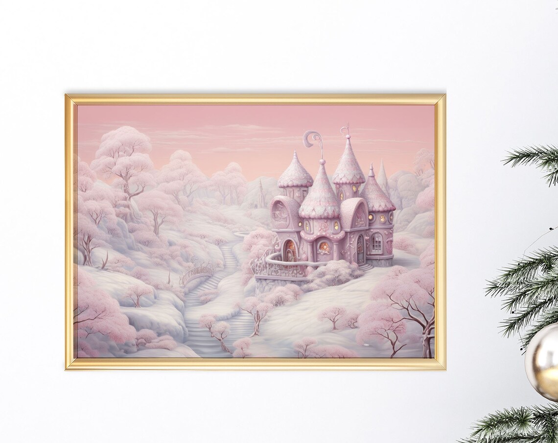 Pink Fantasy Castle Winter Christmas Wonderland Scene Poster - Image 8
