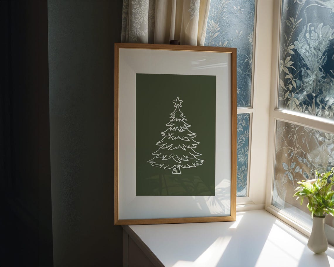White Line Art Christmas Tree on Forest Green Holiday Poster - Image 2