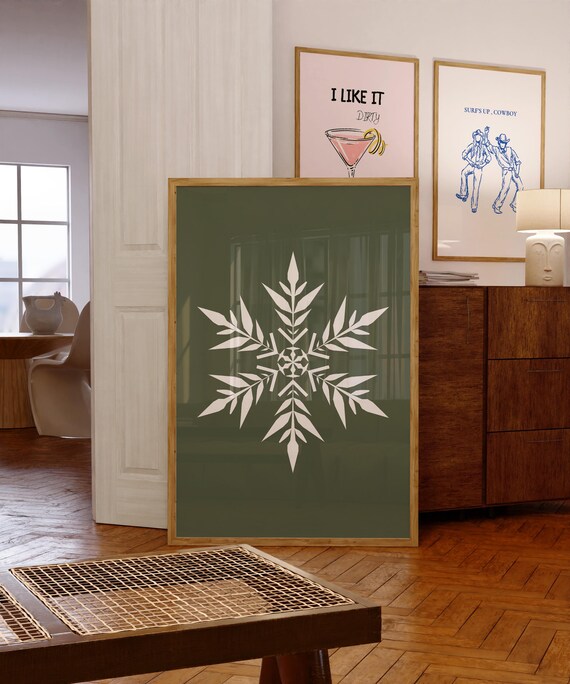 White Botanical Snowflake on Olive Green Minimalist Christmas Wall Art