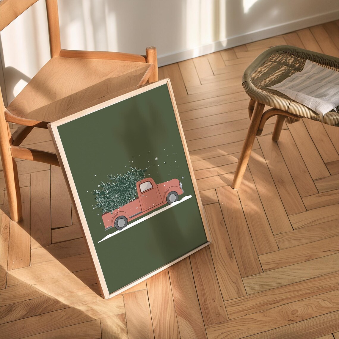 Red Truck Hauling Snowy Christmas Tree Vintage Farmhouse Poster - Image 3