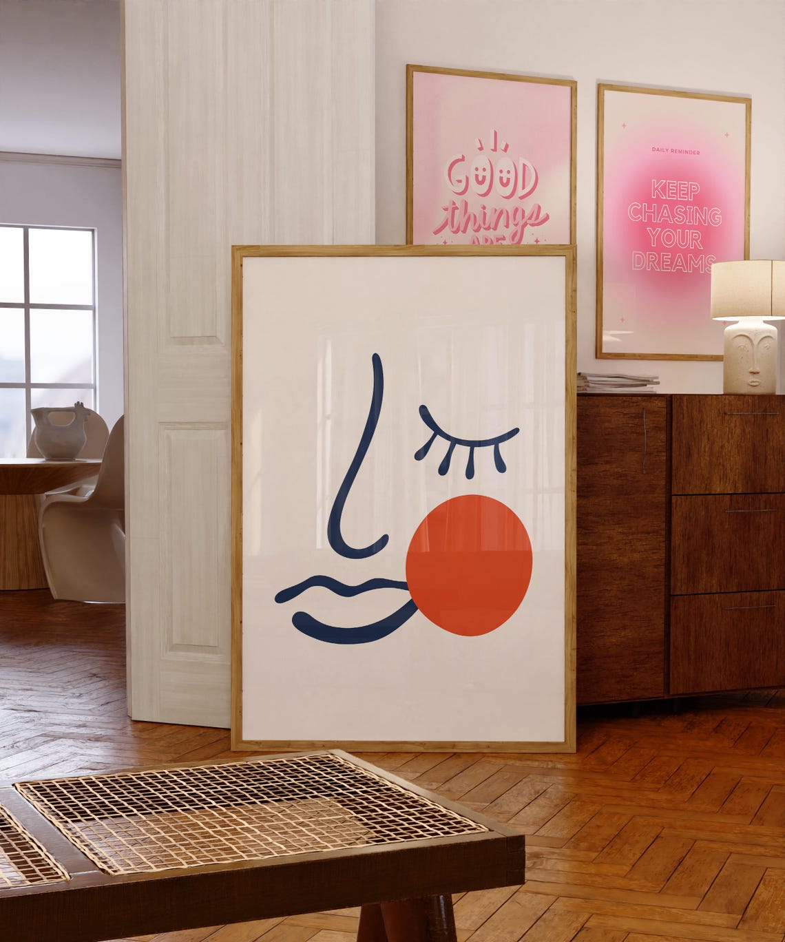 Boho Abstract Face Line Art Navy And Orange Modern Decor Poster
