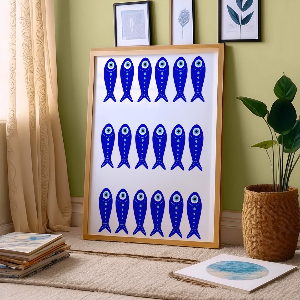 Rows of Blue Sardine Fish with Evil Eye Turkish Nazar Detail Poster - Image 2