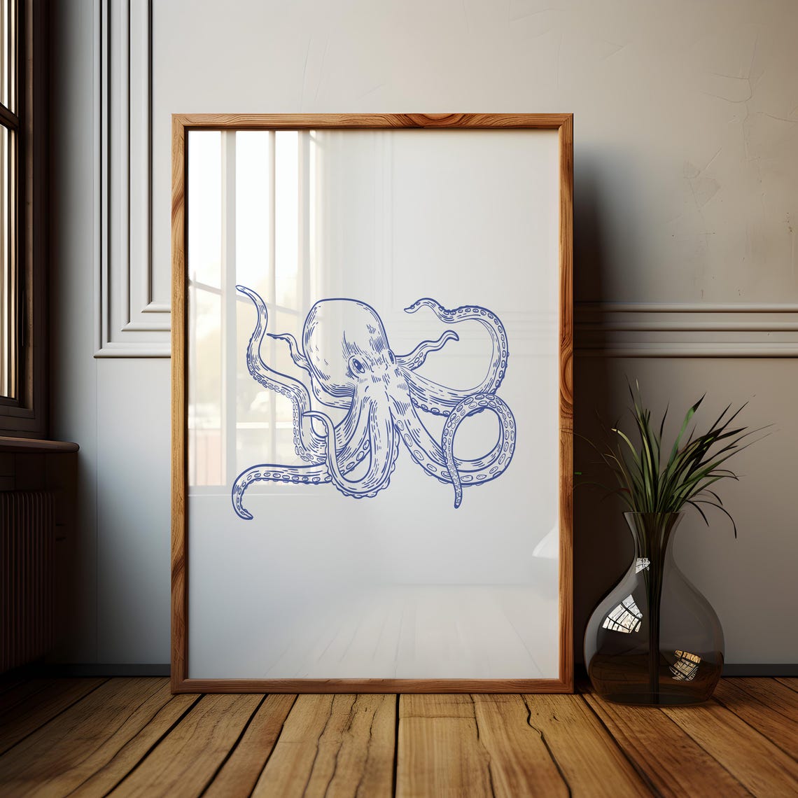 Blue Line Art Octopus with Curling Tentacles Sea Creature Poster - Image 3