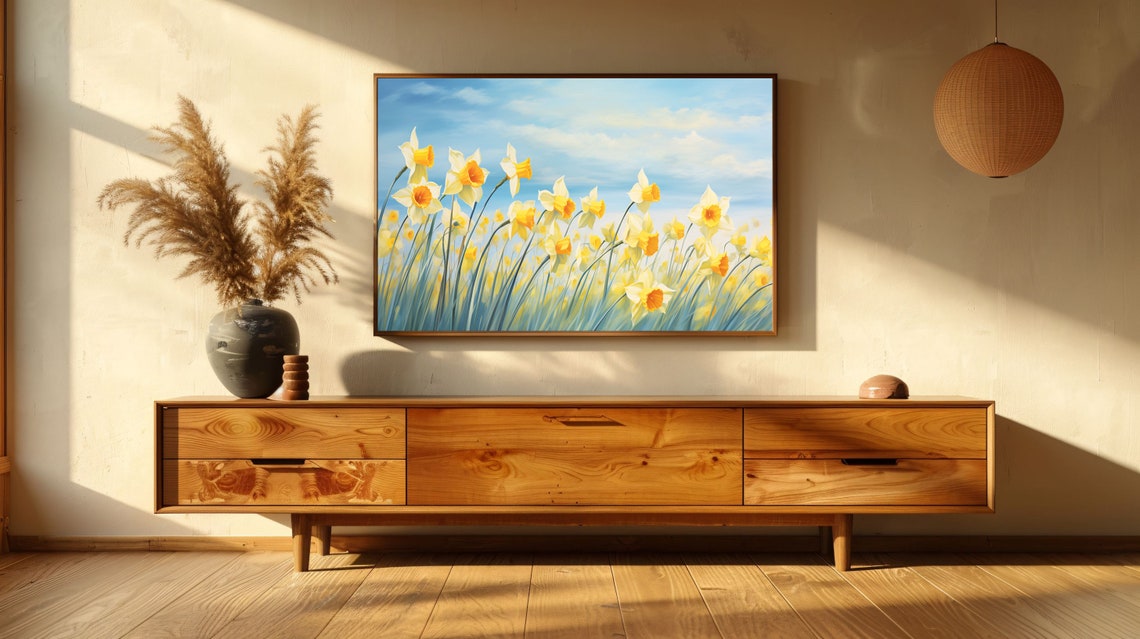 Yellow White Daffodil Field Blue Sky Spring Flower Landscape Poster - Image 2