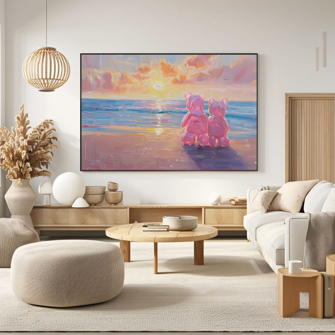 Pink Gummy Bears Watching Ocean Sunset Beach Romantic Art Poster - Image 2