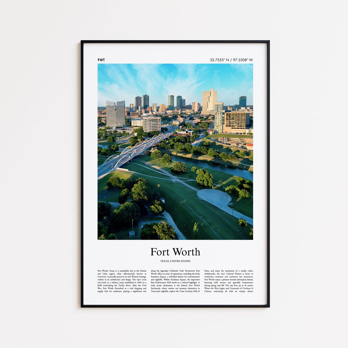 Fort Worth Downtown Skyline Trinity River Texas Travel Poster