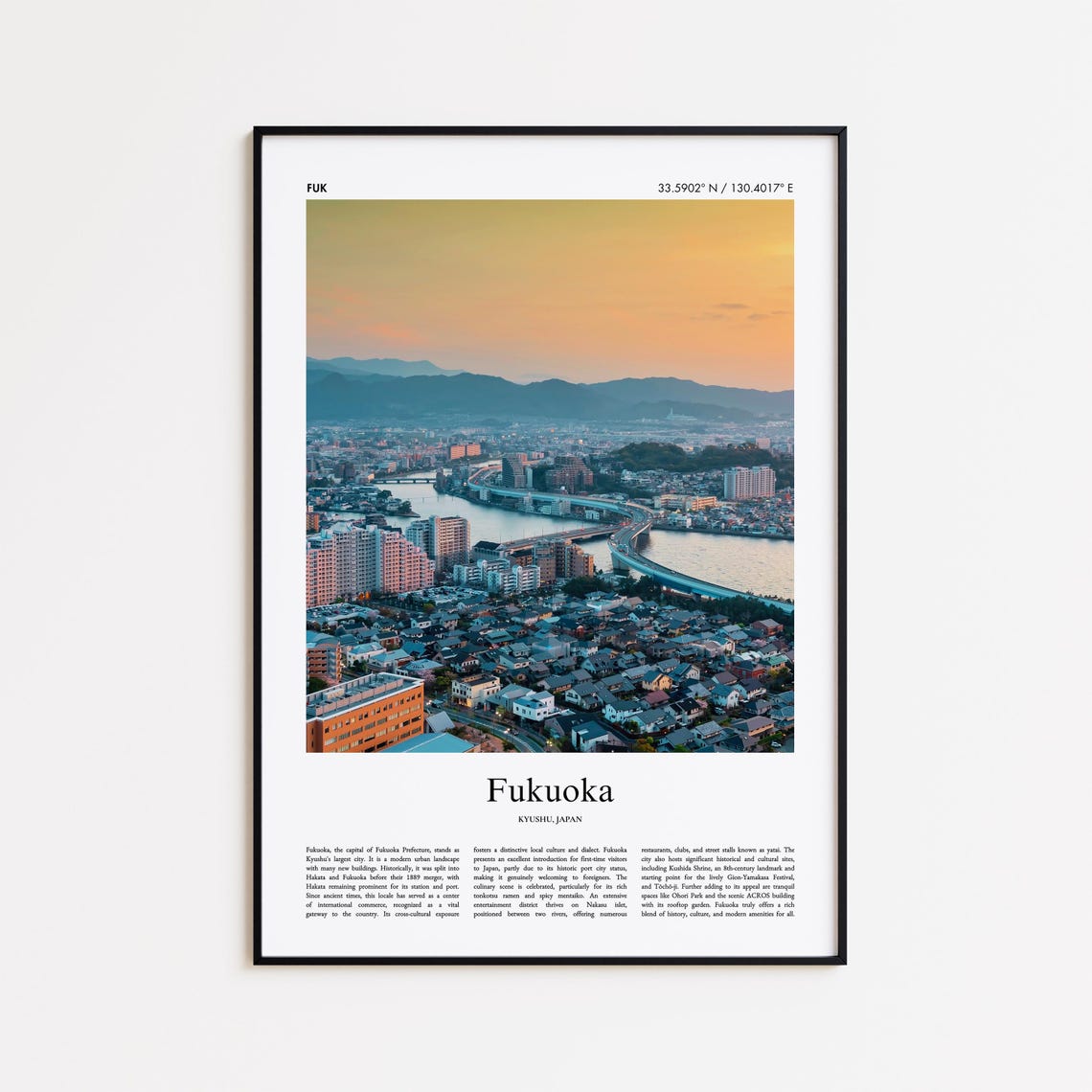 Fukuoka Japan Kyushu Sunset Cityscape River Photography Travel Print