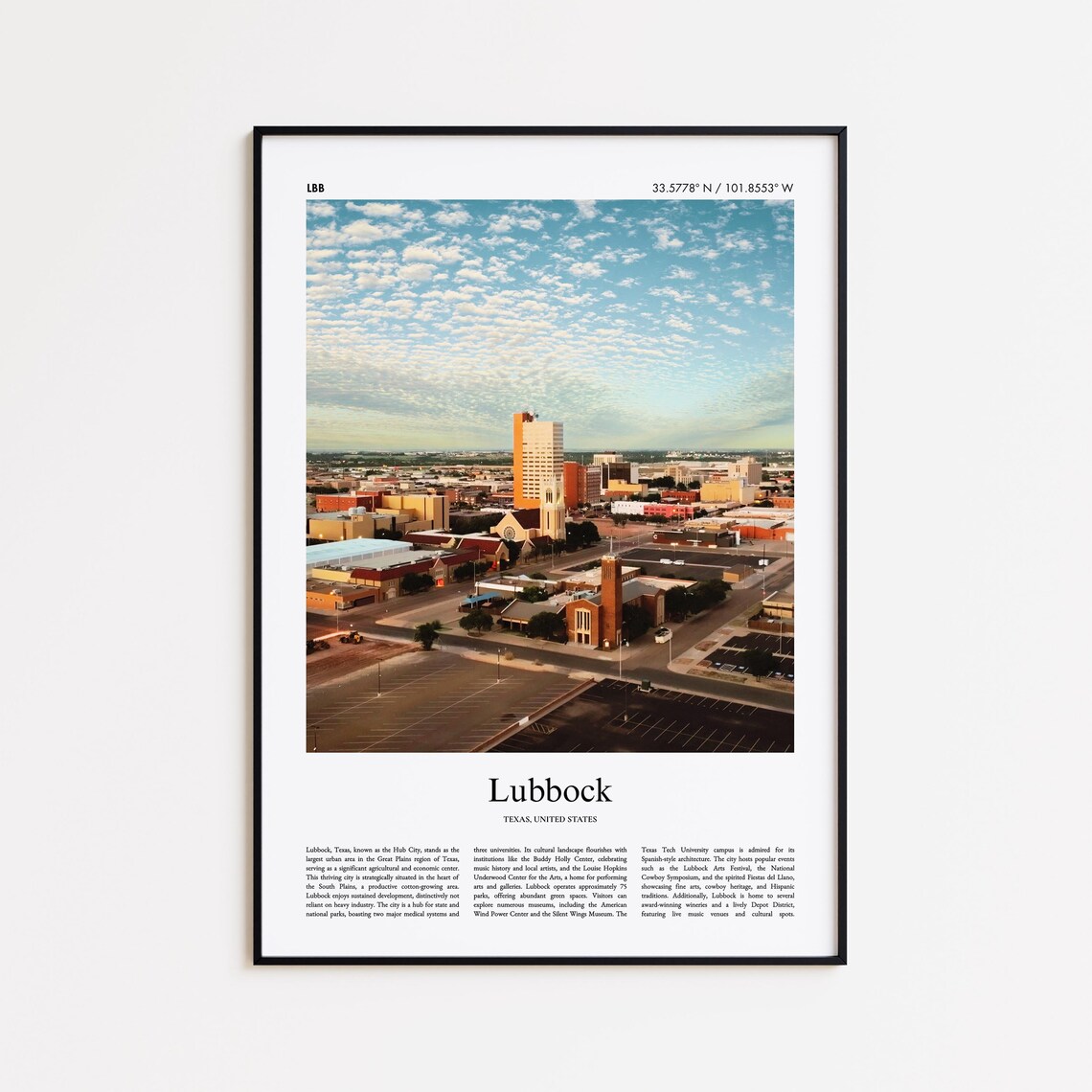 Lubbock Travel Poster, Minimal City Art Print