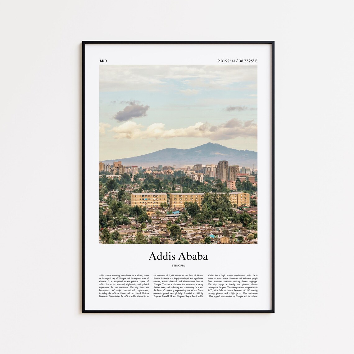 Addis Ababa Ethiopia City Skyline Mountain View Minimal Travel Poster