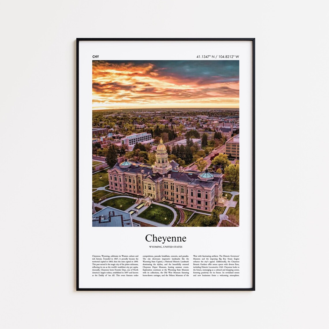 Cheyenne Wyoming Capitol Building Sunset Aerial Travel Photo Poster