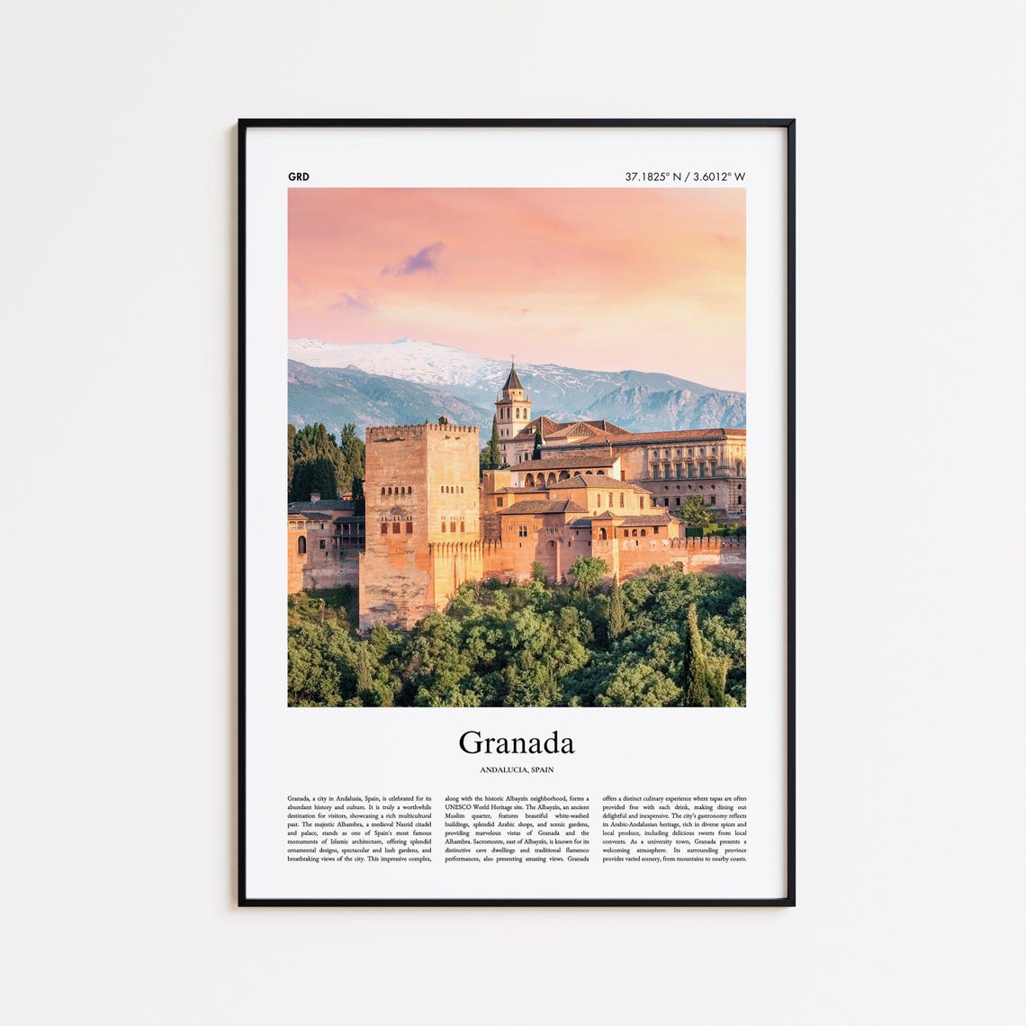 Granada Spain Alhambra Palace Sunset Snowy Peaks View Travel Poster