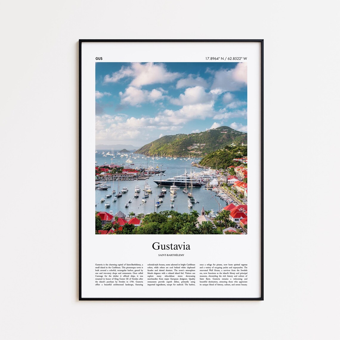 Gustavia Saint Barthelemy Harbor Yachts Minimal Photo Travel Poster
