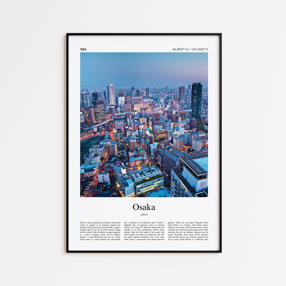 Osaka Japan Dusk Skyline City Lights Minimalist Travel Photo Poster