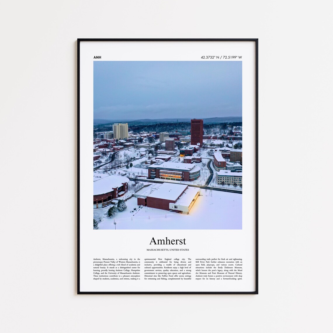Amherst Massachusetts Snowy College Campus Winter Aerial Travel Poster