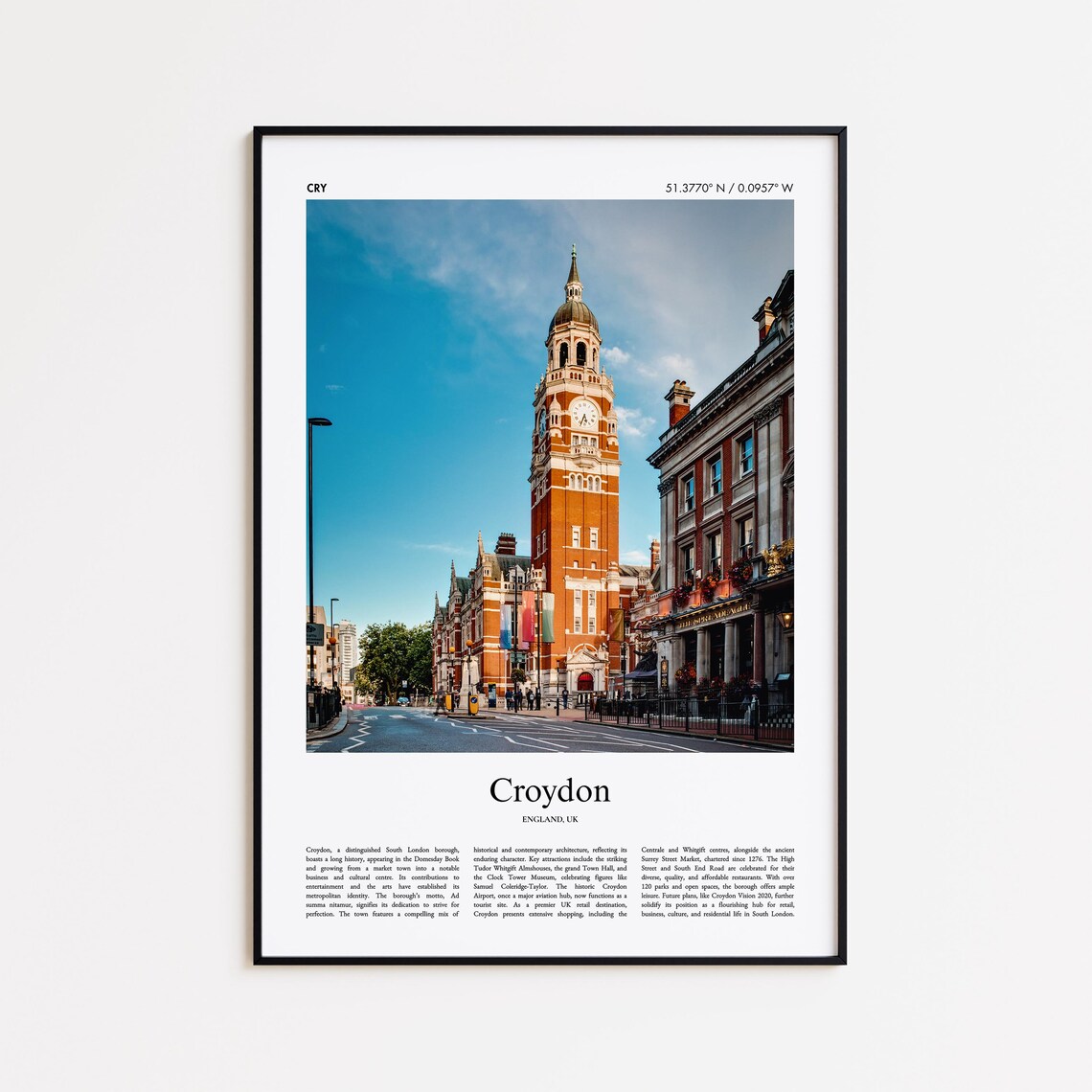 Croydon England Color Photo Clock Tower Travel Poster with Coordinates