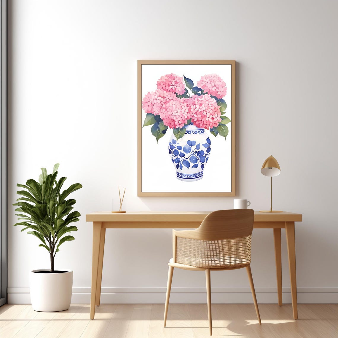 Pink Hydrangeas Blue White Chinoiserie Vase Watercolor Floral Poster - Image 2