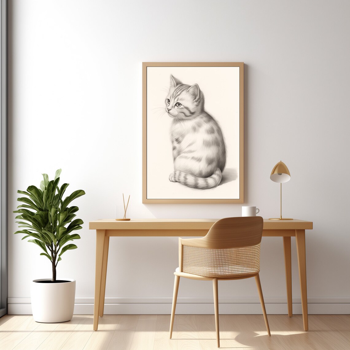Vintage Kitten Pencil Sketch Print Cute Tabby Cat Drawing Nursery Wall Art - Image 2