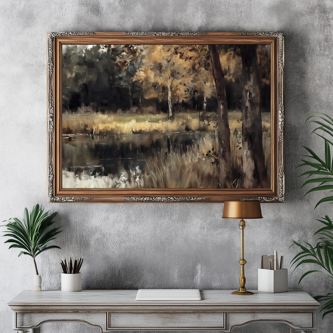 Moody Autumn Pond Birch Trees Dark Forest Reflection Oil Poster - Image 4