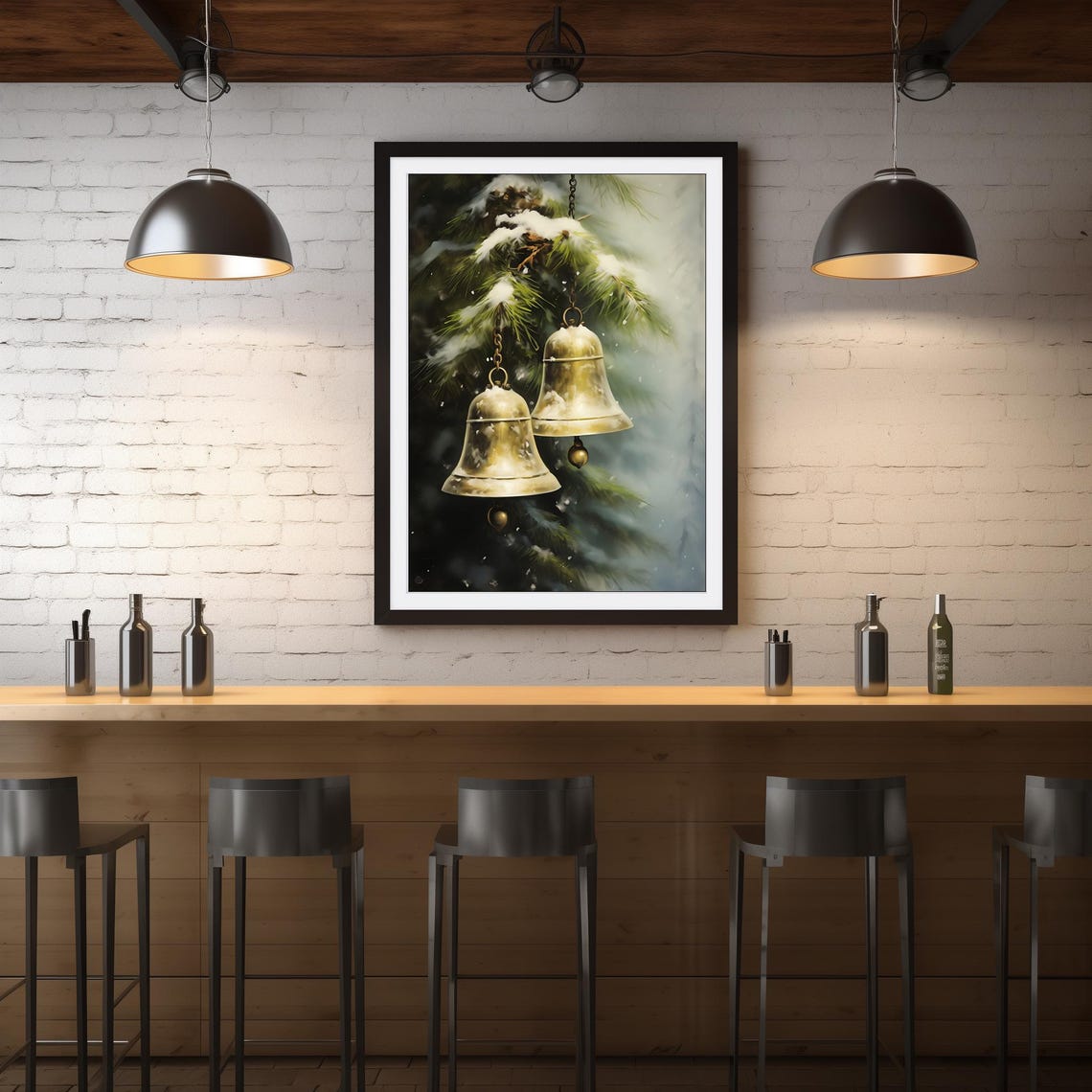 Brass Christmas Bells Snowy Pine Branch Vintage Winter Holiday Poster - Image 4
