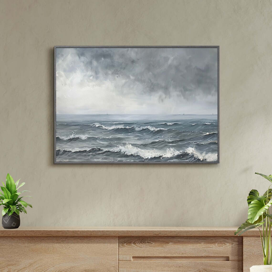 Stormy Ocean Waves Grey Seascape Moody Coastal Vintage Wall Poster - Image 2