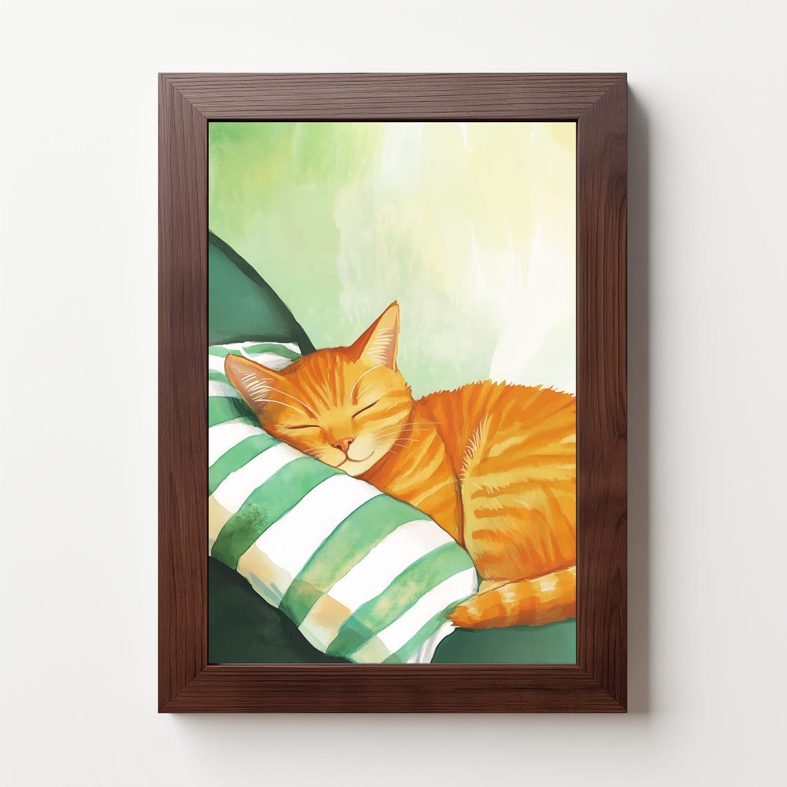 Orange Tabby Cat Sleeping On Striped Pillow Cute Pet Wall Art - Image 5